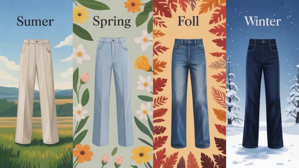 Illustrated pants fabric guide for all seasons showing seasonal pants styles for summer, spring, fall, and winter fabrics for men