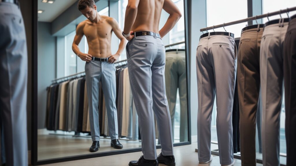 Man checking the back fit of trousers in mirror using a Beginner pants fitting checklist to ensure proper seat alignment and comfort.