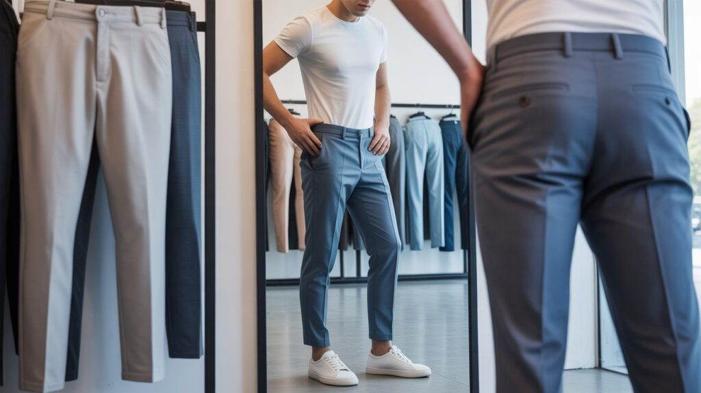 Man trying on slim-fit trousers in front of a mirror following a Beginner pants fitting checklist to check proper waist, length, and fit.