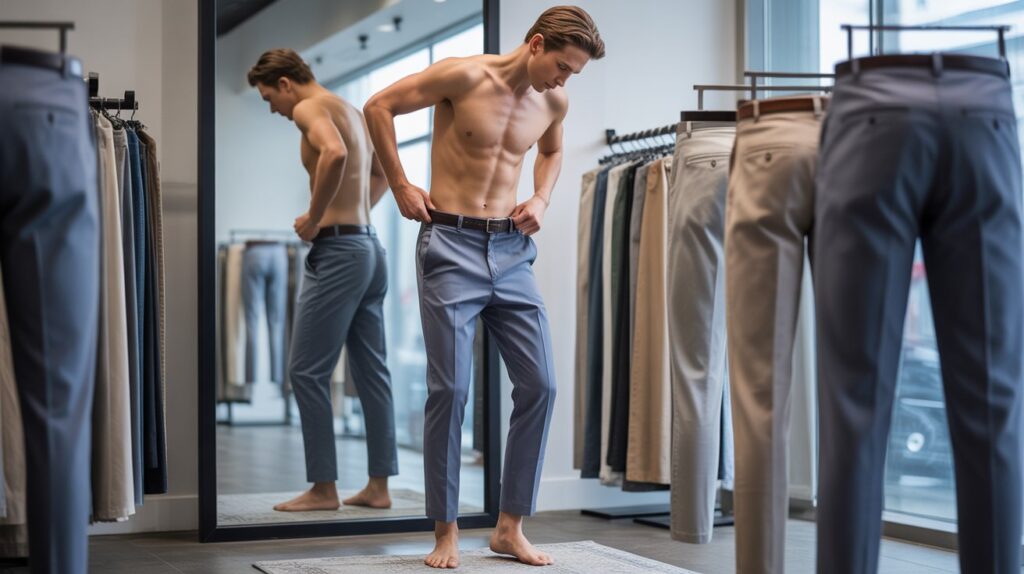 Man adjusting waistband of trousers in front of mirror using a Beginner pants fitting checklist to ensure correct waist fit and comfort.