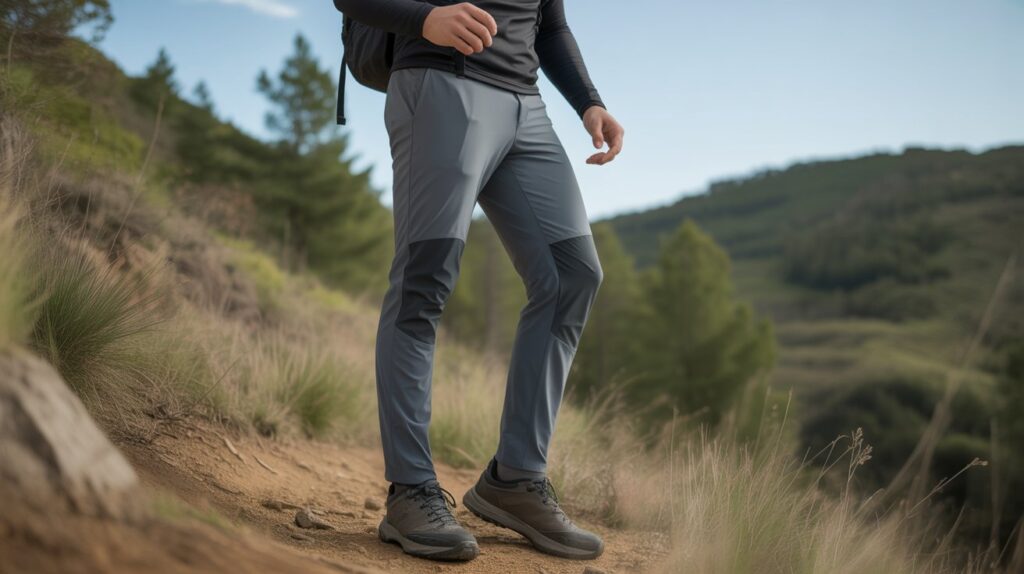 Man hiking in lightweight best quick-dry pants for men on a mountain trail showing breathable and moisture-wicking fabric