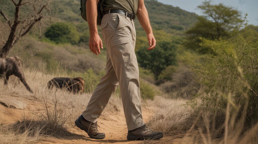 Man walking outdoors in best safari pants for men designed for comfort, durability, and adventure in natural environments