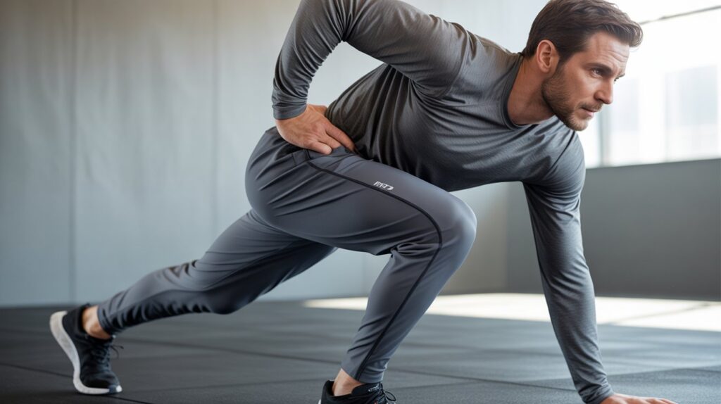 Man exercising in best warm-up pants for men designed for flexibility, comfort, and performance during gym workouts and stretching