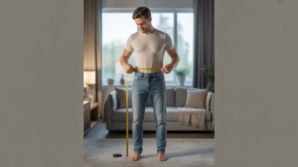 Man demonstrating how to measure pants waist at home using a measuring tape while wearing jeans for accurate sizing