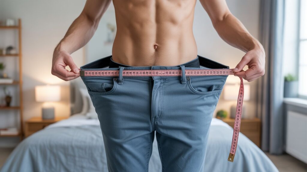 Man stretching waistband of jeans while measuring demonstrating How to measure pants waist at home for accurate sizing and proper fit.