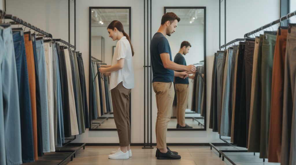 Men and women selecting trousers in a retail shop while following pants fitting tips before buying to find the perfect size and comfortable fit.