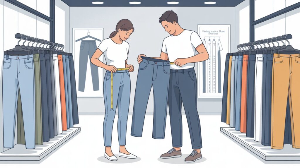 Illustration of shoppers measuring waist size in a clothing store while following pants fitting tips before buying to choose the right pants fit.