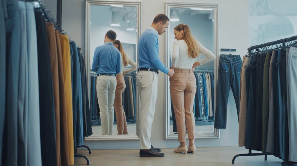 Customers checking trouser size and comfort in a clothing store mirror while following pants fitting tips before buying to choose the perfect fit.