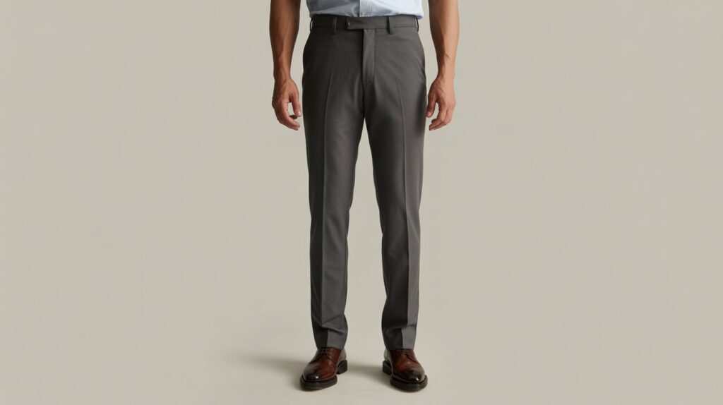 Pants length vs inseam explained simply with well-fitted grey formal trousers showing correct length and break on shoes
