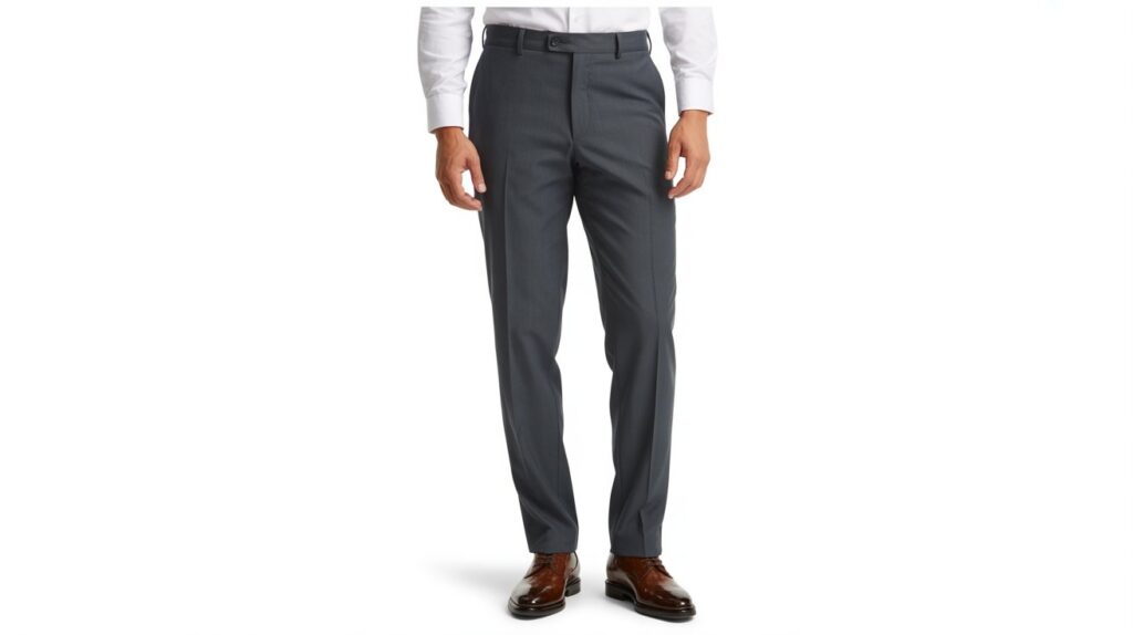 Man wearing gray formal trousers demonstrating Pants length vs inseam explained simply for achieving the correct pant break and tailored fit.
