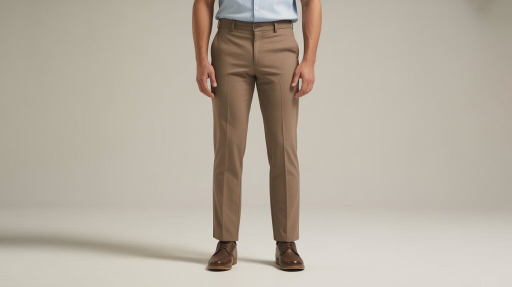 Man wearing tailored dress trousers demonstrating Pants length vs inseam explained simply for achieving the perfect pants fit and proper measurement.