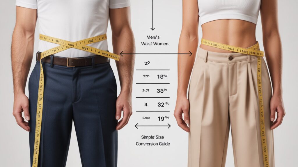 Pants size conversion guide for men vs women showing waist measurement differences and size chart for accurate fitting