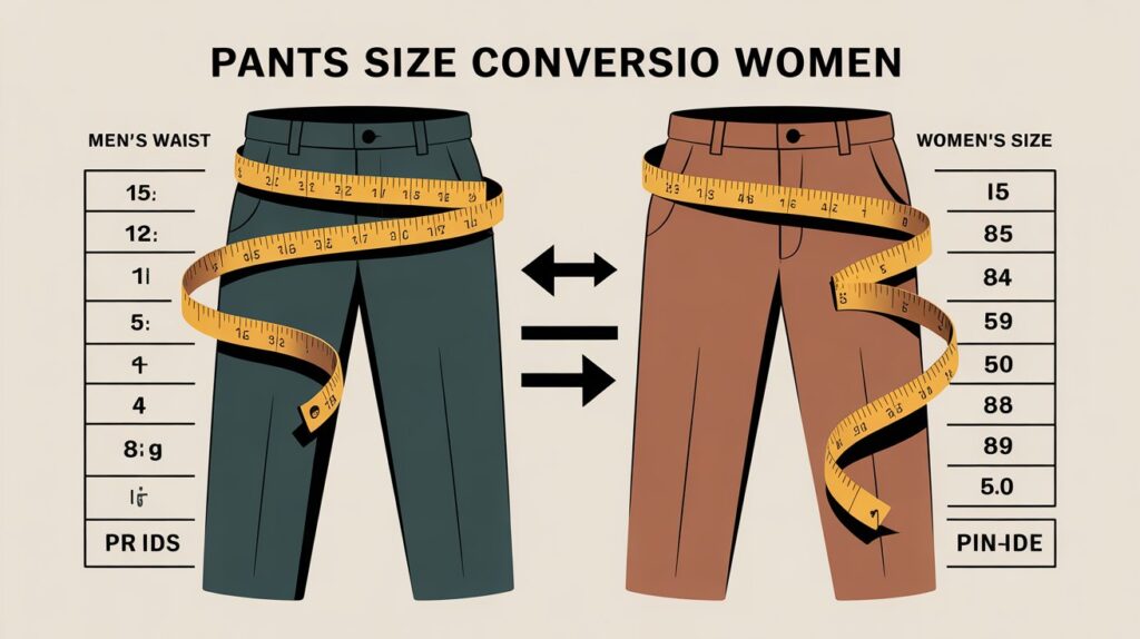 Pants size conversion guide for men vs women infographic showing waist measurements and size differences for accurate fit