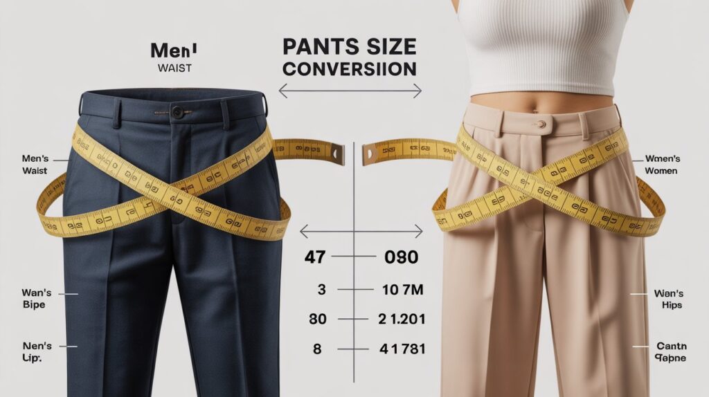Pants size conversion guide for men vs women showing waist measurement comparison and sizing differences for accurate fit