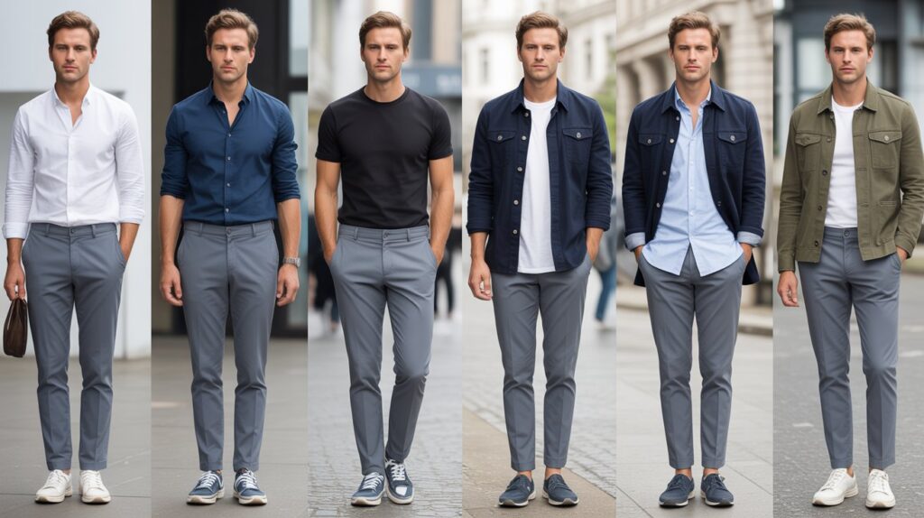 Men wearing outfits showing what colors match grey pants including white, navy, black, and green combinations for stylish looks