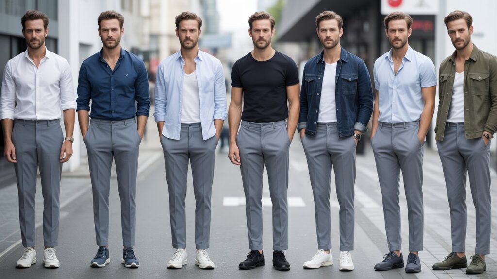 Men wearing outfits showing what colors match grey pants including white, navy, black, and green combinations for stylish looks