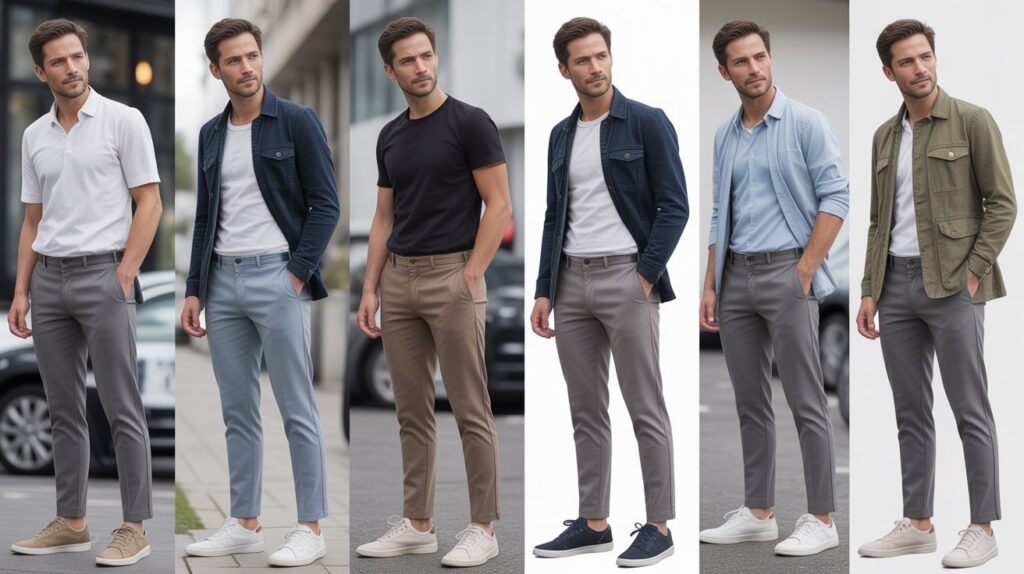 Men wearing outfits showing what colors match grey pants including white, black, blue, olive, and beige combinations for stylish looks