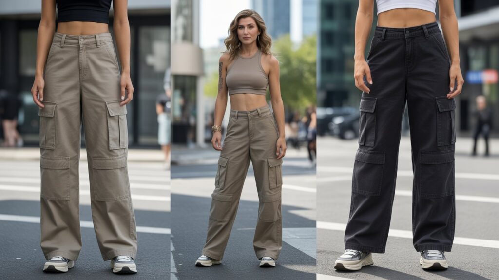 Models showcasing the best cargo pants for women in trendy wide-leg streetwear styles with utility pockets and modern urban fashion looks.
