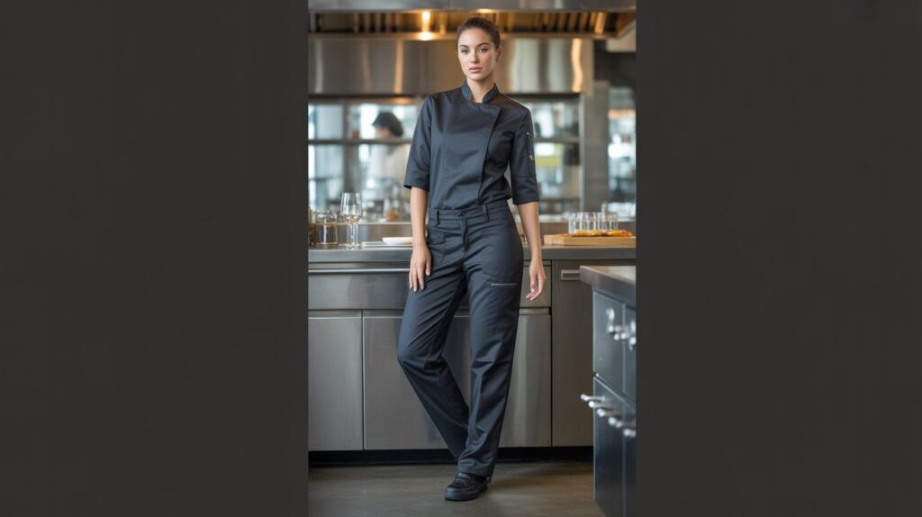 Female chef wearing the Best Chef Pants for Women in a professional kitchen with durable workwear and a comfortable tailored fit