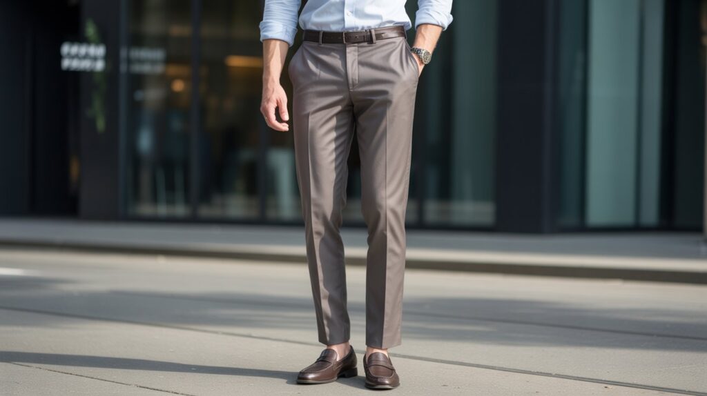 Man wearing tailored dress trousers showcasing the Best Crease Front Pants for Men with sharp front creases and a sleek modern fit.