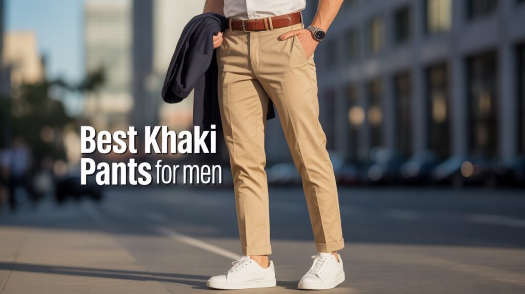 Man wearing the Best khaki pants for Men with a slim tailored fit, casual sneakers, and a polished smart-casual outfit.