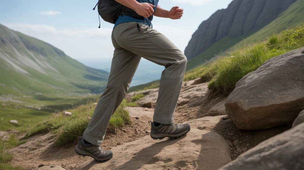 Man hiking in best lightweight trail pants for men designed for comfort, breathability, and performance on mountain trails
