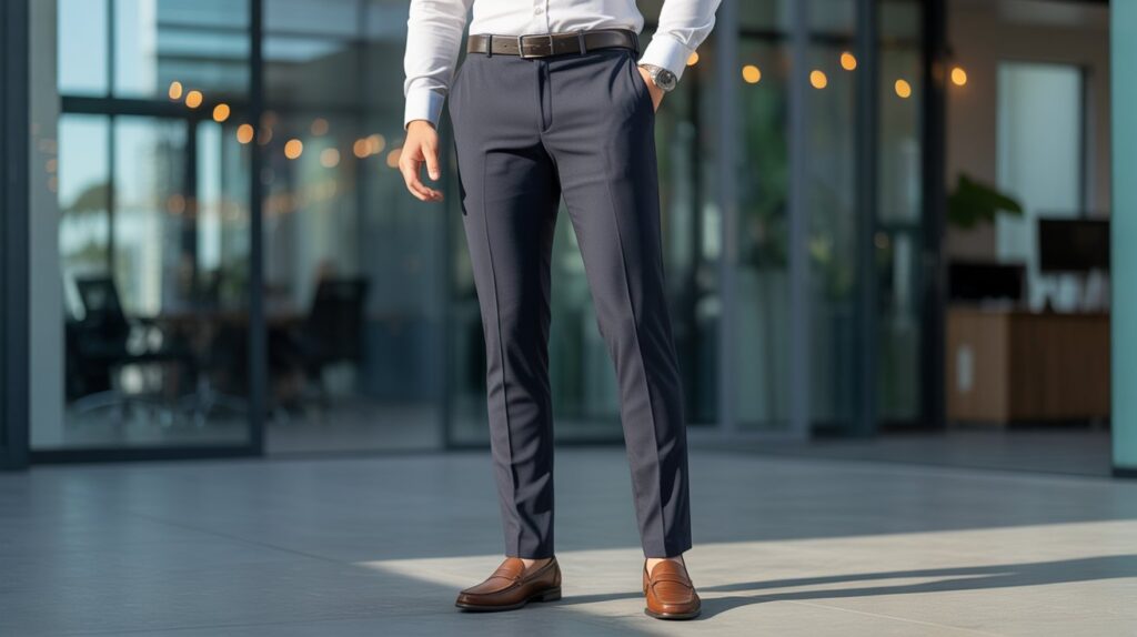Man wearing the Best Stretch Dress Pants for Men with a white formal shirt and brown loafers in a modern office environment.