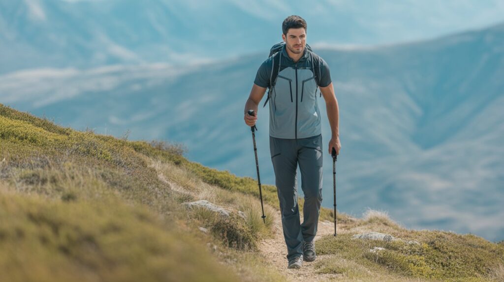 Man hiking in best UV protection pants for men designed for sun protection, comfort, and performance on outdoor trails