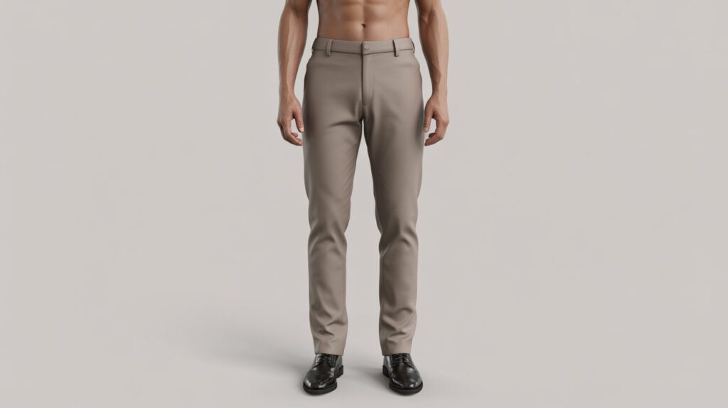Men’s slim-fit trousers demonstrating How pants should sit on waist properly with correct waistband placement and a clean tailored fit.