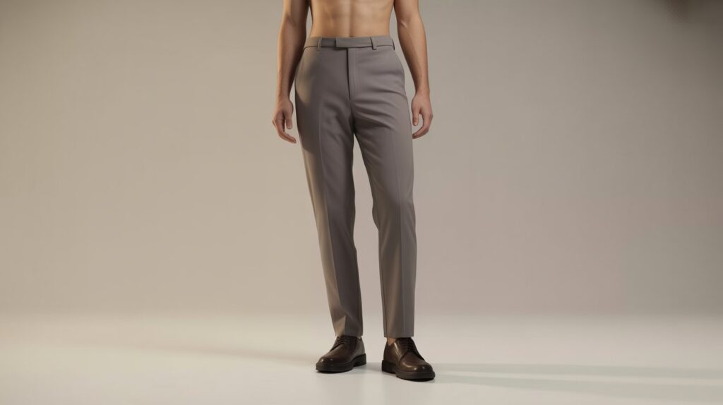 Male model wearing tailored trousers demonstrating How pants should sit on waist properly with correct waistband placement and slim modern fit.