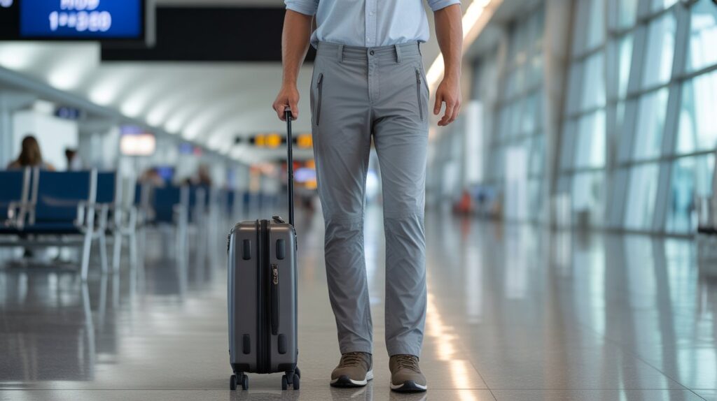 Traveler wearing pants from a travel friendly pants features guide with lightweight fabric, zip pockets, and comfort for airport travel