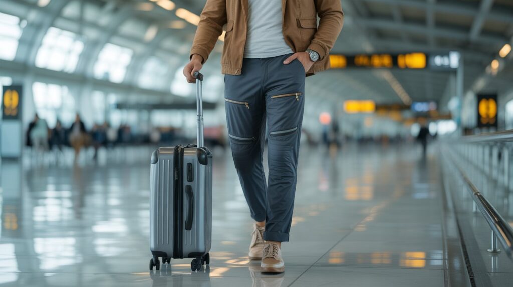Traveler wearing pants from a travel friendly pants features guide with secure pockets, lightweight fabric, and comfort for airport travel