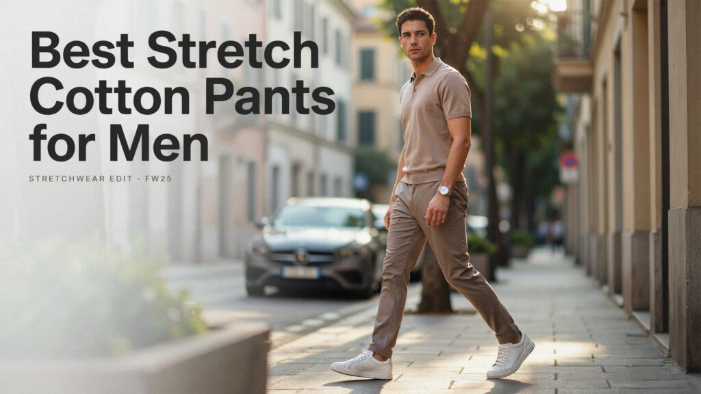 Man wearing the Best Stretch Cotton Pants for Men while walking in a city street, showcasing flexible cotton fabric, modern fit, all-day comfort, and versatile casual sty