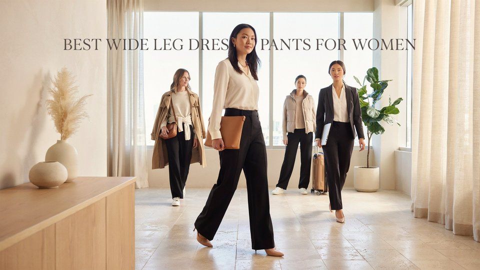 Professional women modeling the Best wide leg dress pants for Women in a modern office setting, featuring elegant wide-leg silhouettes, tailored fits, and stylish business-casual outfits.