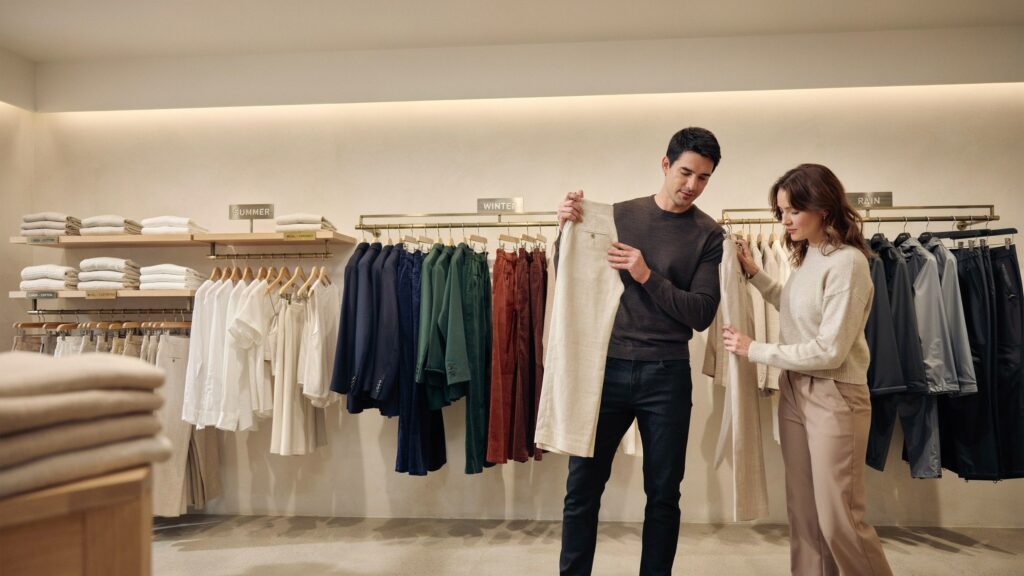 Couple comparing different pants fabrics in a clothing store while learning How to Choose Pants Fabric Based on Climate for summer, winter, and rainy weather conditions.