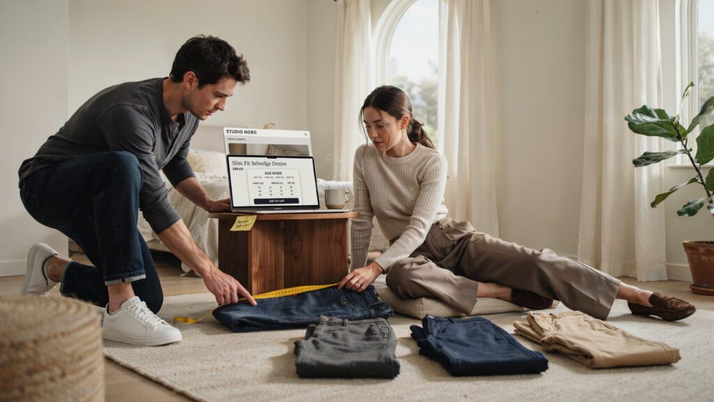 Man and woman measuring pants and reviewing a size chart on a laptop, showing How to Find the Right Pants Size When Shopping Online for accurate sizing and a better fit.