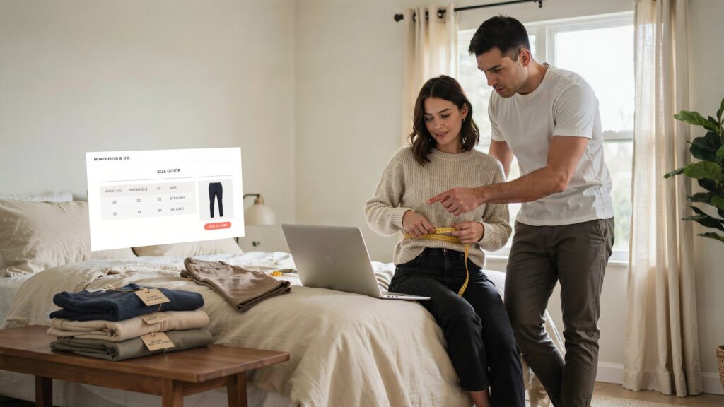 How to Find the Right Pants Size When Shopping Online by measuring waist size and comparing it with an online pants size chart before purchasing.