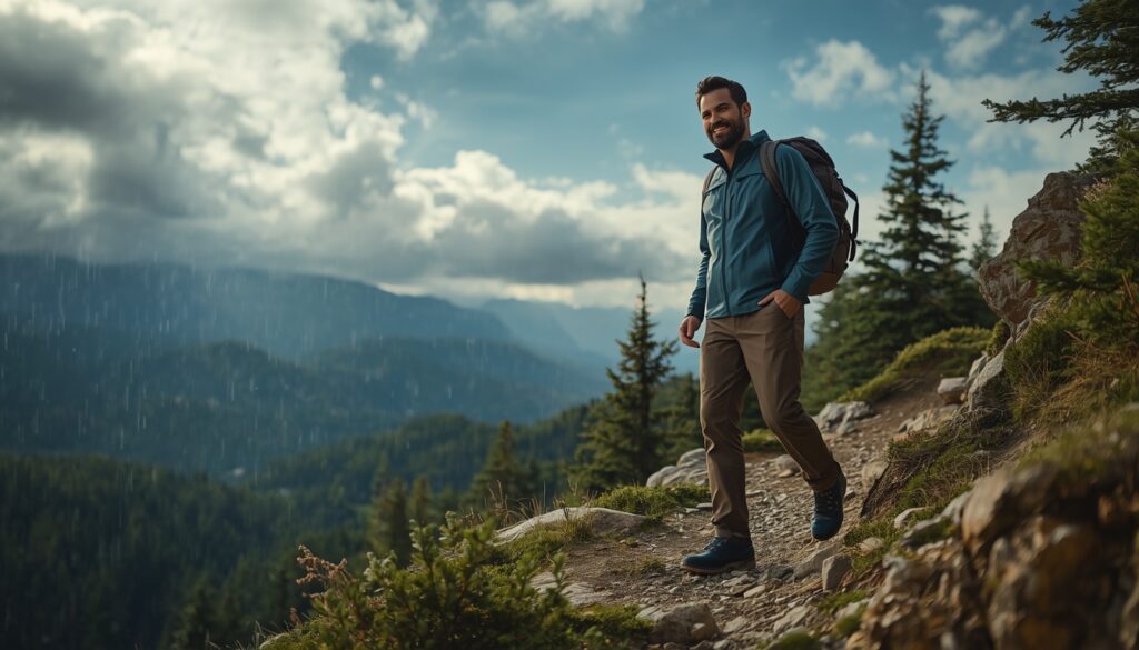 Best All-Weather Pants for men worn by a hiker on a mountain trail during changing outdoor weather conditions.
