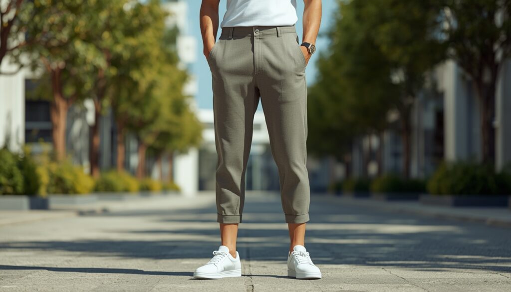 Best Cropped Pants for men in gray paired with a white T-shirt and white sneakers for a modern casual street-style outfit.