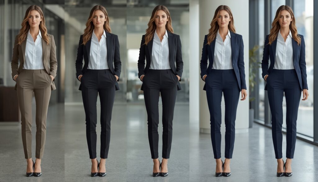 Best Formal Pants for Women in black, navy, and taupe colors styled with blazers and white shirts for a professional office look.