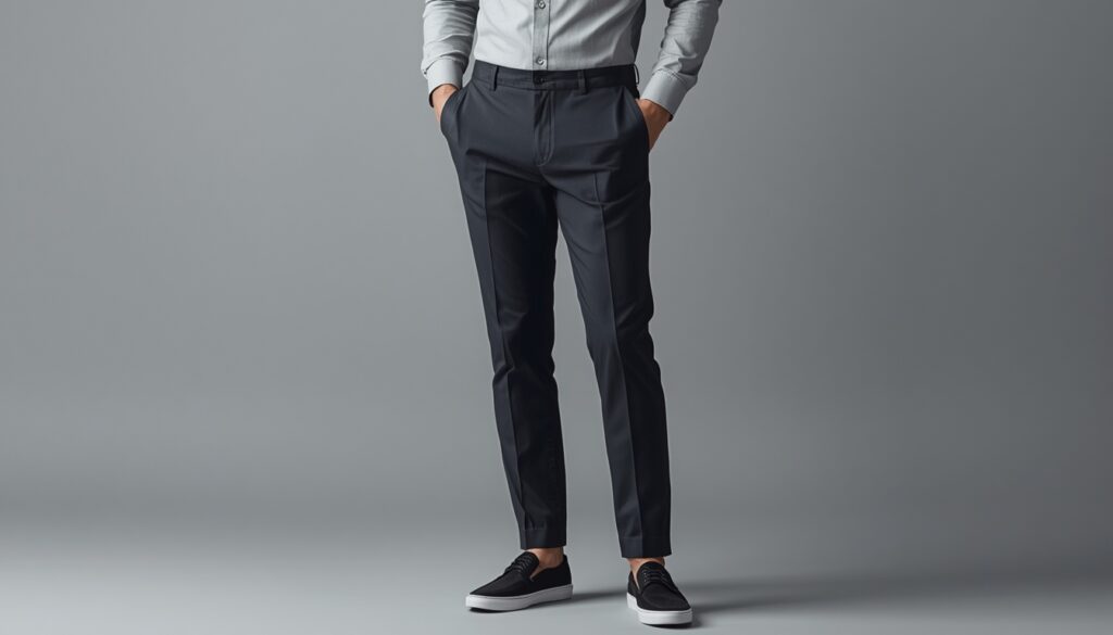 Best regular fit pants for men in gray paired with a light gray shirt and black sneakers for a modern business casual look.
