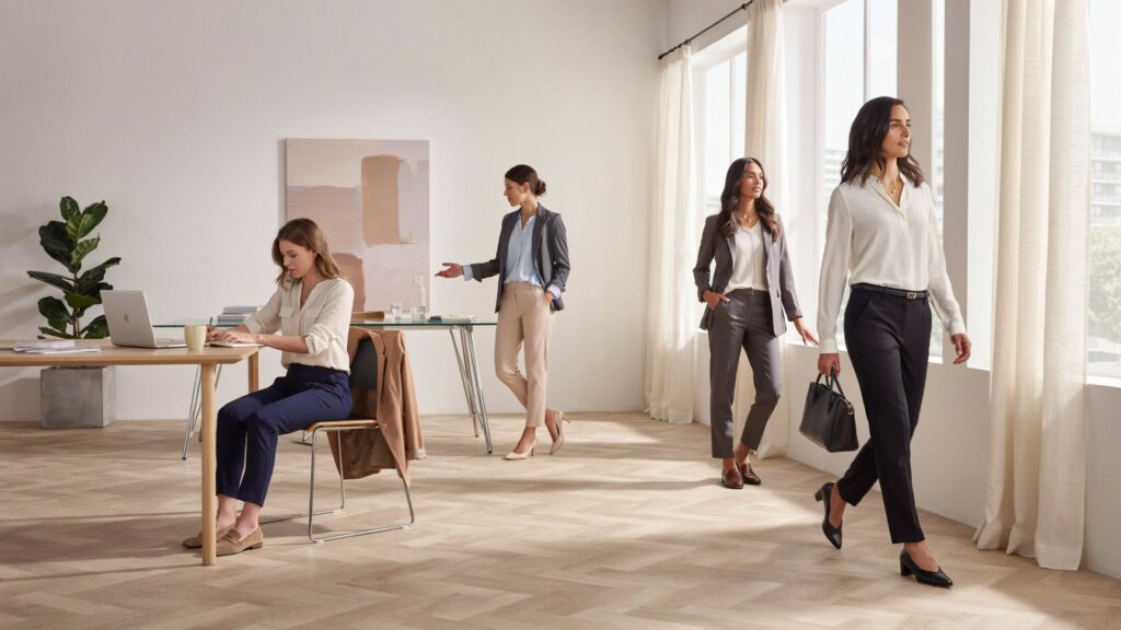Best Tapered Dress Pants for Women shown in professional office outfits, featuring tailored fits, business casual styling, and comfortable workwear inspiration for modern professionals.