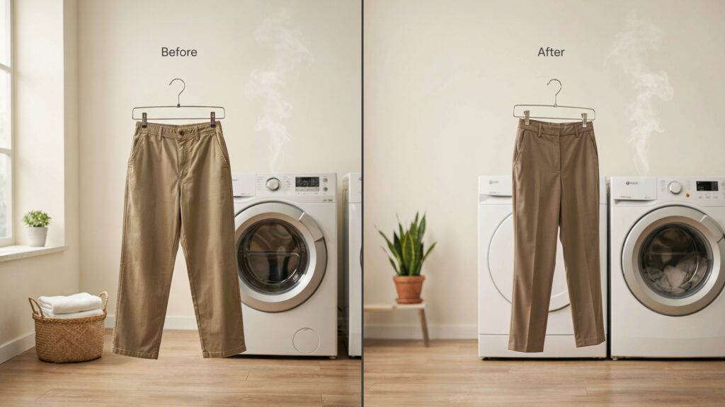 Can You Shrink Cotton Pants – before and after comparison showing cotton pants shrinking after washing and drying for a better fit.