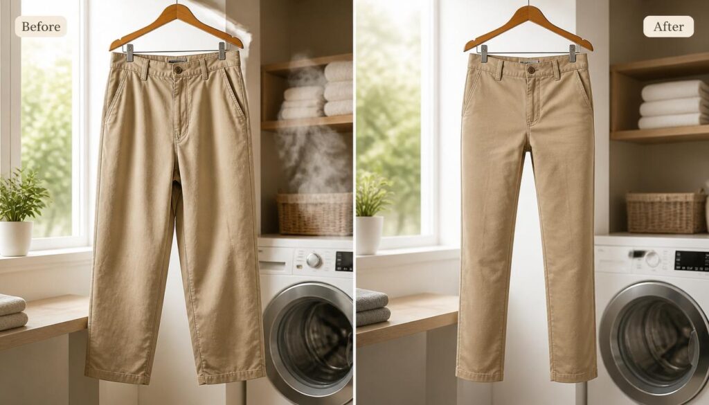 Can You Shrink Cotton Pants before and after comparison showing how cotton pants become smaller after washing and heat drying.