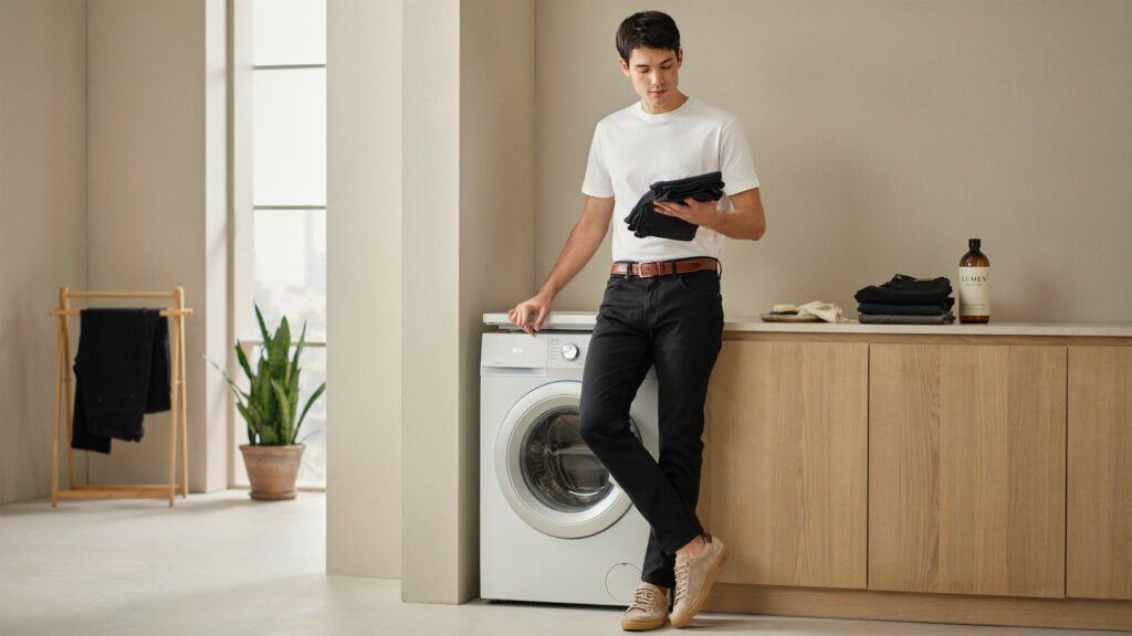 How to stop pants from fading by properly washing and caring for black pants beside a washing machine in a laundry room.