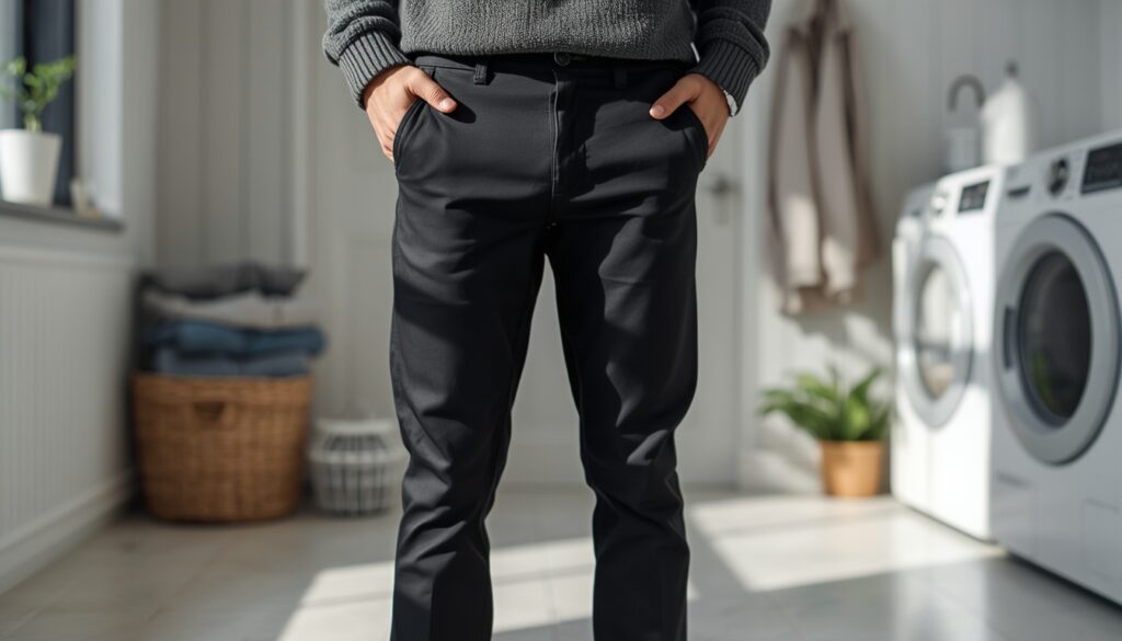 How to stop pants from fading by properly washing black pants in a laundry room to maintain their original color and appearance.