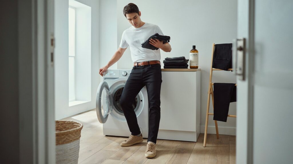 How to stop pants from fading by washing black pants properly beside an open washing machine in a modern laundry room.