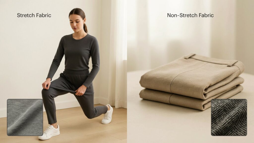 Stretch vs non stretch fabrics which is better comparison showing stretch fabric with enhanced flexibility and non-stretch fabric with a structured fit for choosing the best pants material.
