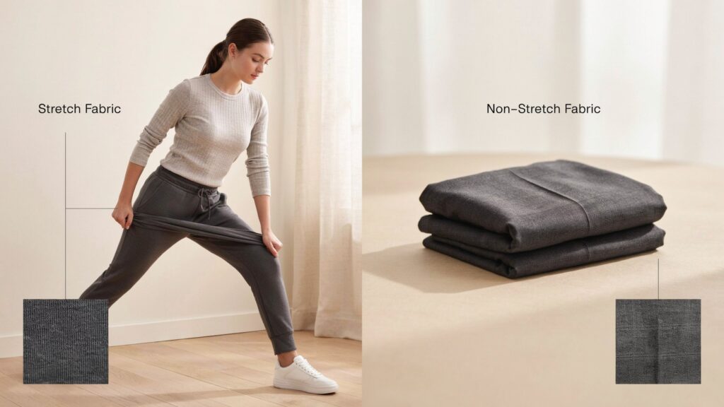 Stretch vs non stretch fabrics which is better comparison showing stretch fabric for maximum flexibility and non-stretch fabric for a structured fit, helping shoppers choose the best pants fabric.