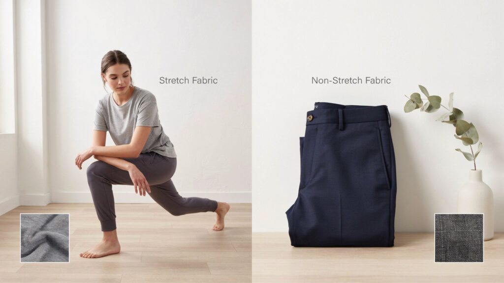 Stretch vs non stretch fabrics which is better comparison showing stretch fabric for flexibility and comfort alongside non-stretch fabric for a structured fit and polished appearance.